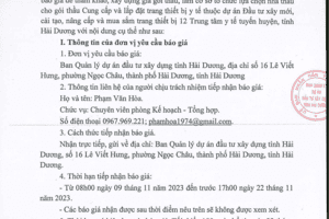 YÊU CẦU BÁO GIÁ TRANG THIẾT BỊ Y TẾ DỰ ÁN ĐẦU TƯ XÂY MỚI ,CẢI TẠO NÂNG CẤP VÀ MUA SẮM TRANG THIẾT BỊ 12 TRUNG TÂM Y TẾ TUYẾN HUYỆN, TỈNH HẢI DƯƠNG