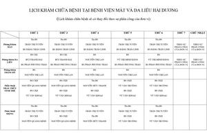 LỊCH KHÁM CHỮA BỆNH BỆNH VIỆN MẮT VÀ DA LIỄU HẢI DƯƠNG