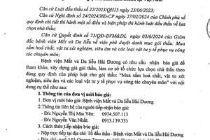 THƯ MỜI CHÀO GIÁ HOÁ CHẤT, VẬT TƯ XÉT NGHIỆM, SIÊU ÂM VÀ CÁC LOẠI VẬT TƯ Y TẾ PHỤC VỤ CÔNG TÁC CHUYÊN MÔN