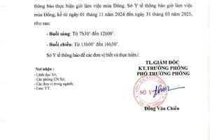 THÔNG BÁO THỰC HIỆN GIỜ LÀM VIỆC MÙA ĐÔNG