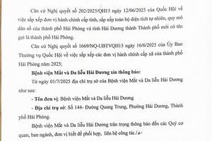 THÔNG BÁO VỀ VIỆC THAY ĐỔI ĐỊA CHỈ TRỤ SỞ LÀM VIỆC CỦA BỆNH VIỆN MẮT VÀ DA LIỄU HẢI DƯƠNG